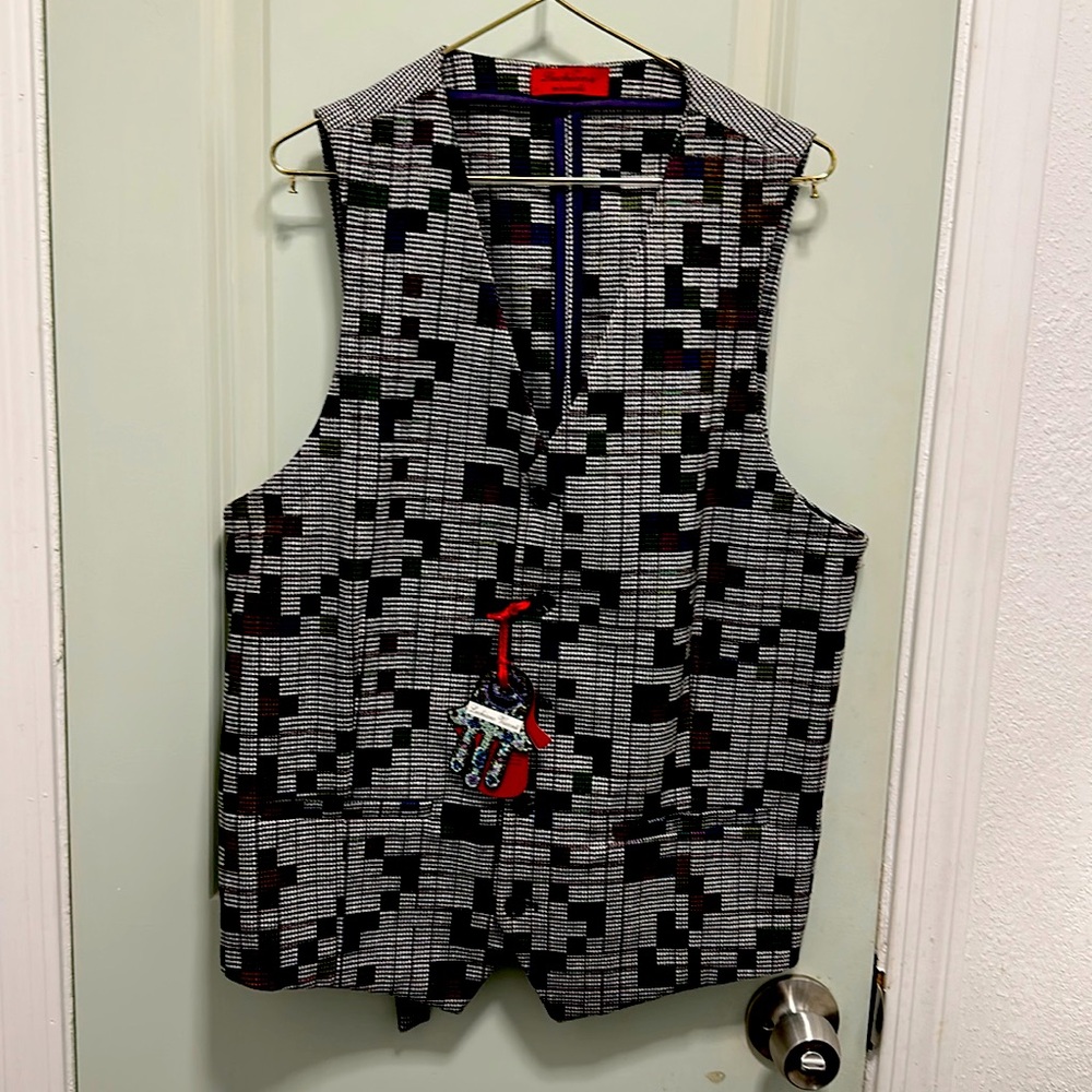 luchiano visconti men's gray and multi color checker vest NEW